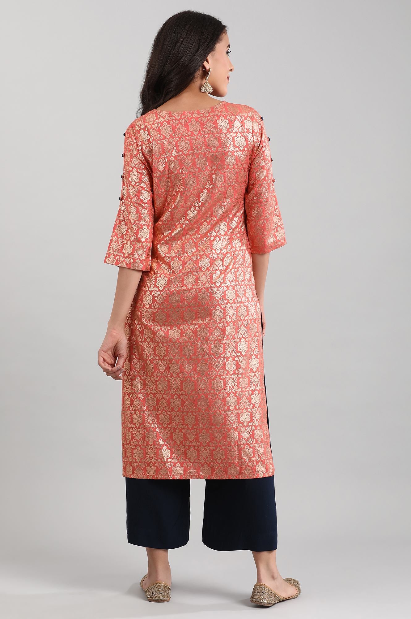 Peach Round Neck Printed Liva kurta