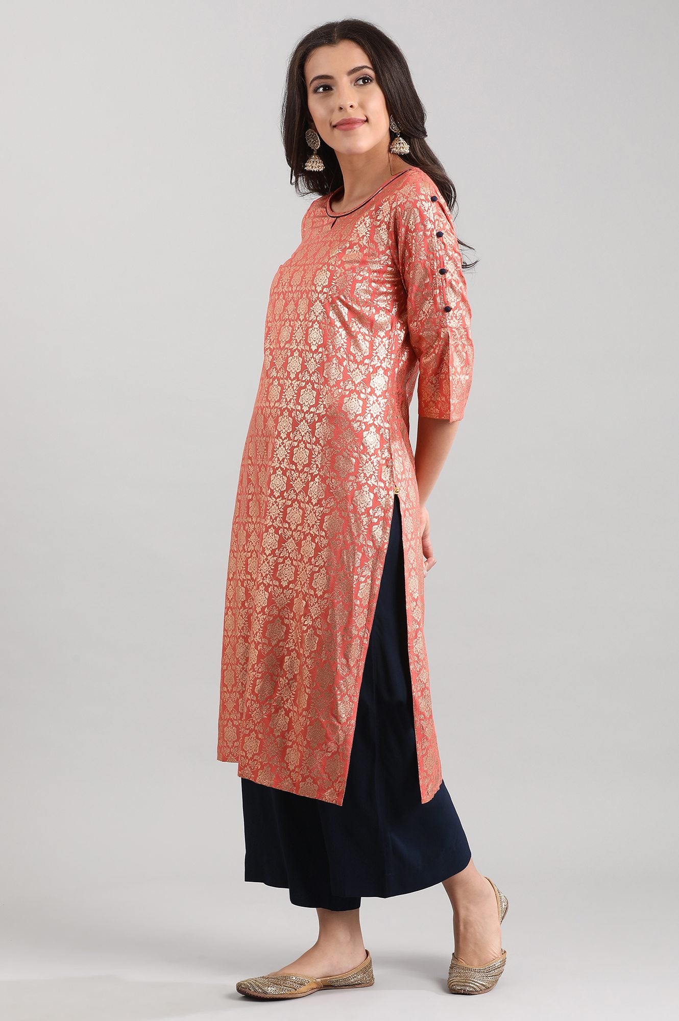 Peach Round Neck Printed Liva kurta