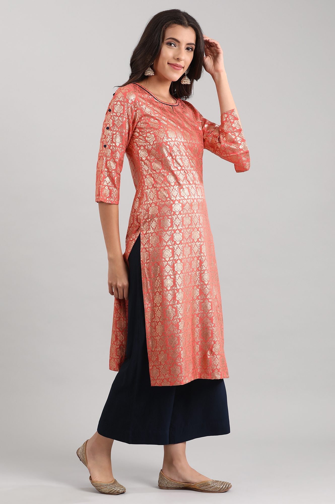 Peach Round Neck Printed Liva kurta