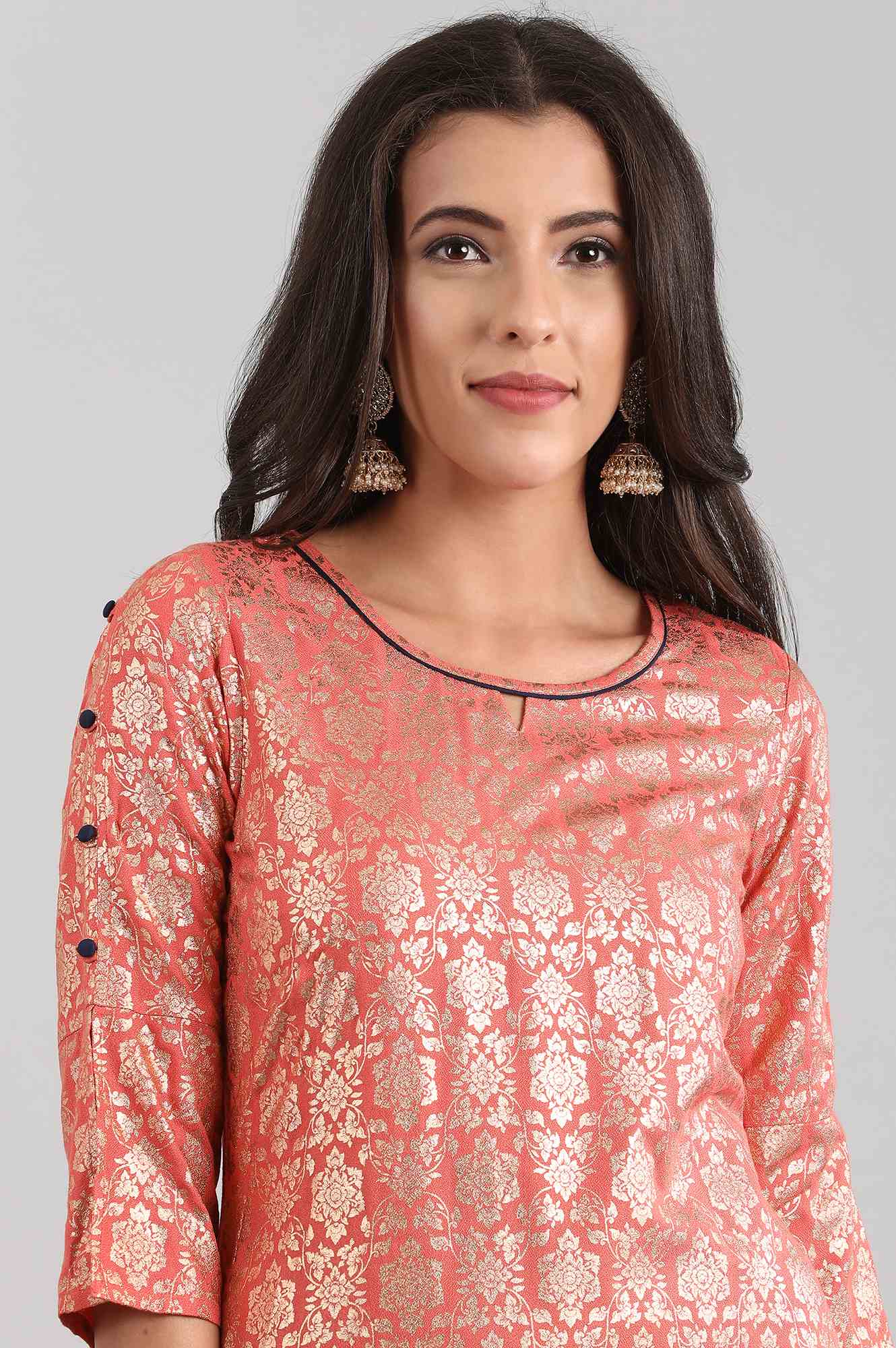 Peach Round Neck Printed Liva kurta