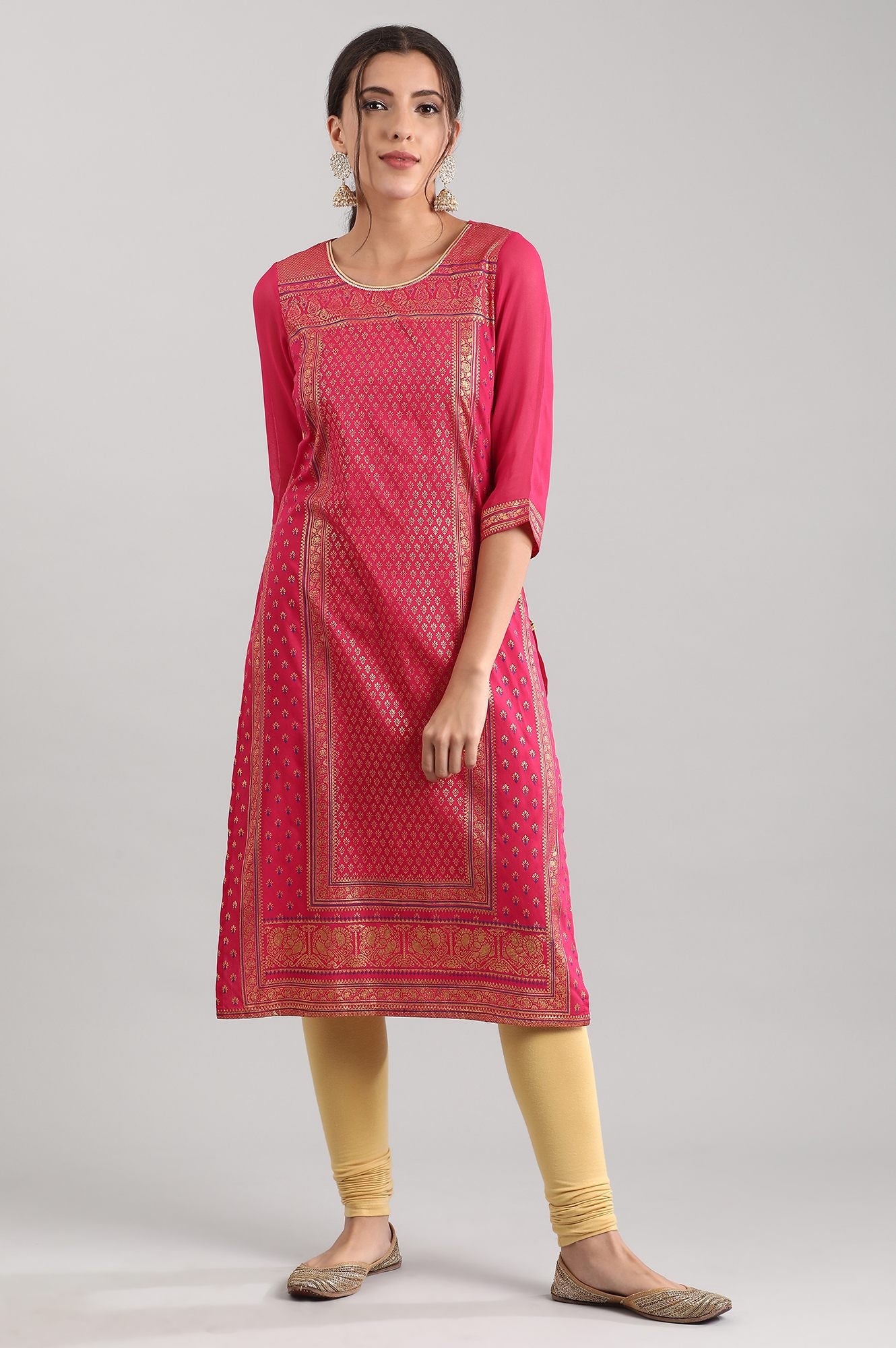 Pink Round Neck Printed kurta