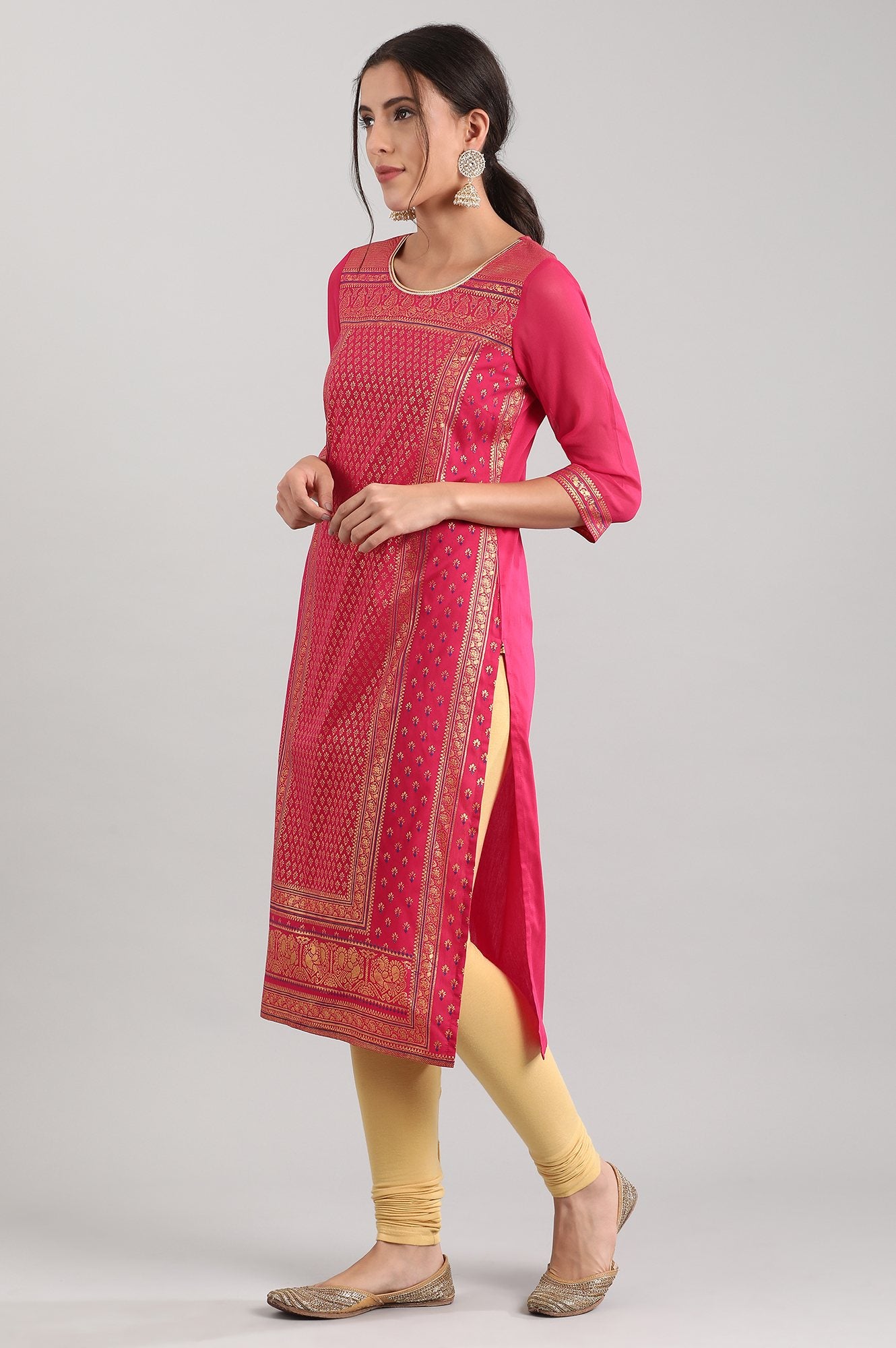 Pink Round Neck Printed kurta