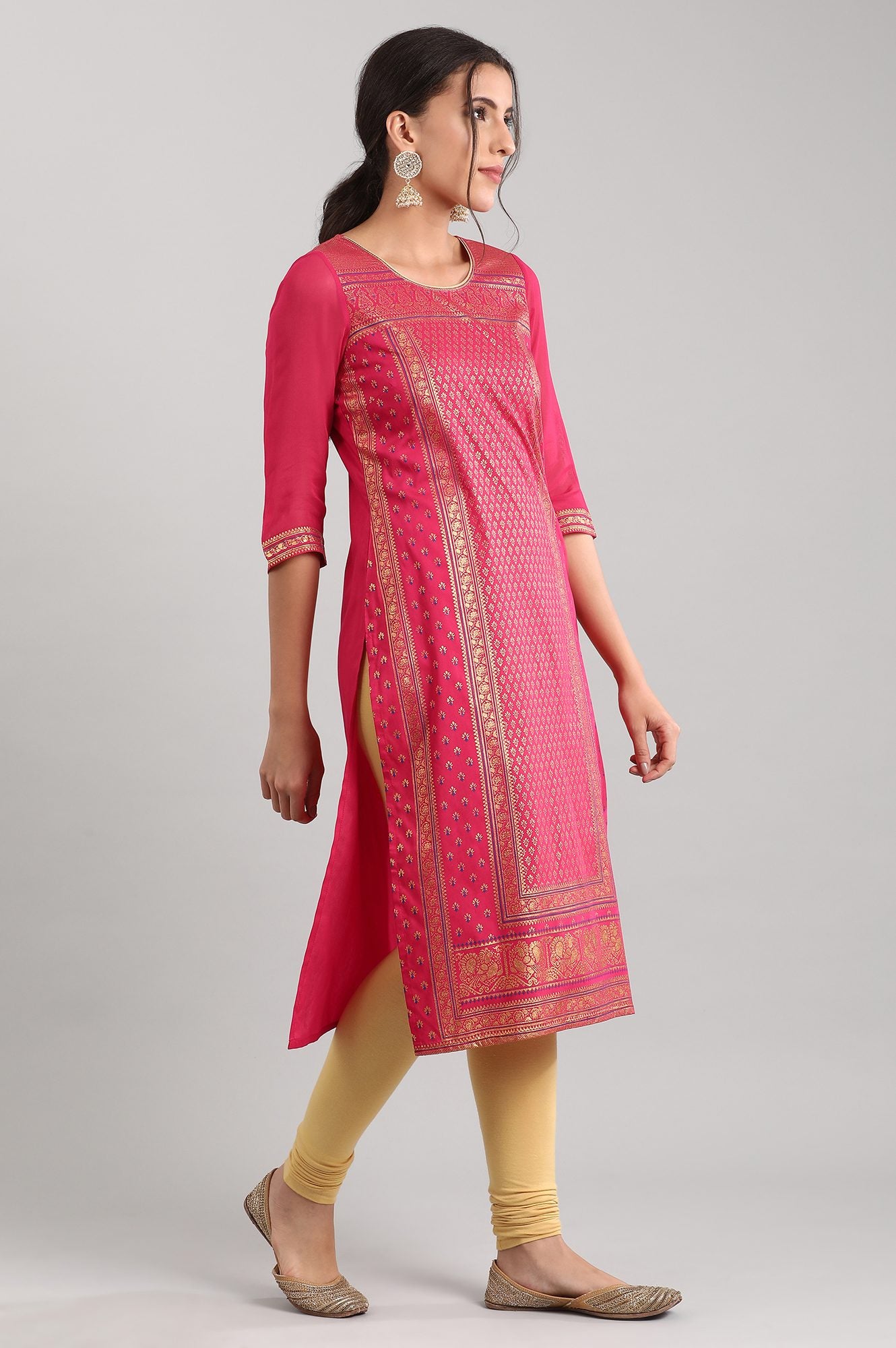 Pink Round Neck Printed kurta