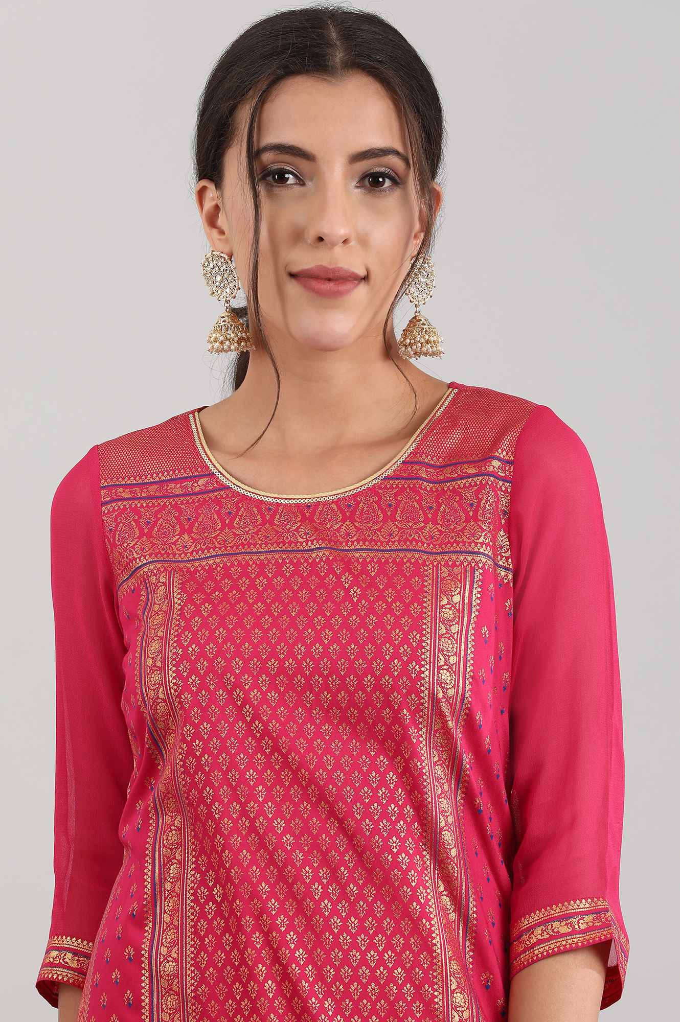 Pink Round Neck Printed kurta