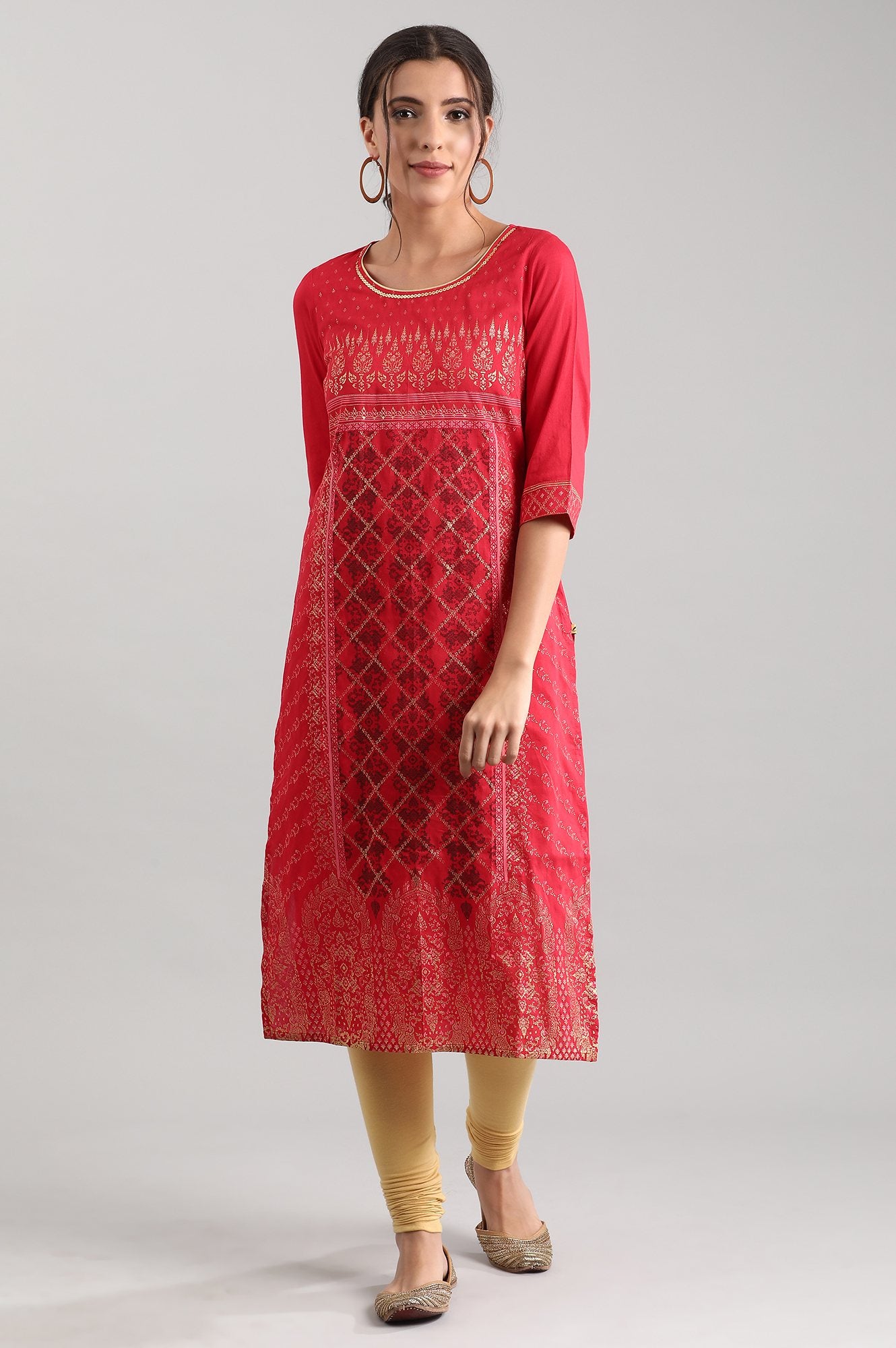 Red Round Neck Printed kurta