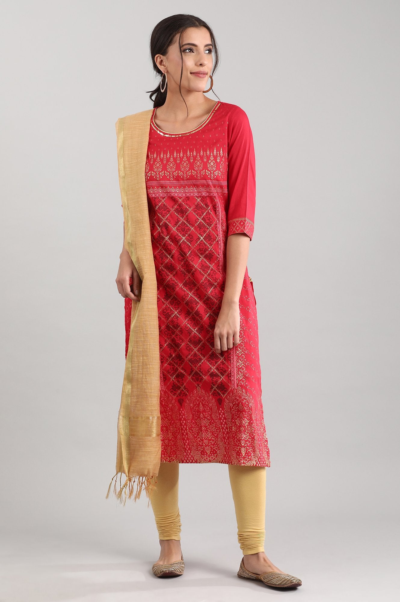 Red Round Neck Printed kurta