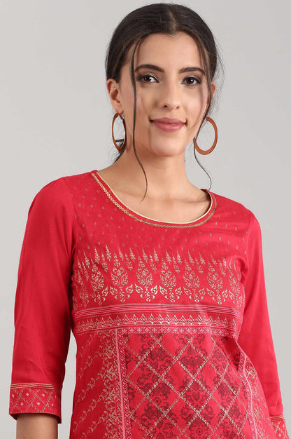 Red Round Neck Printed kurta