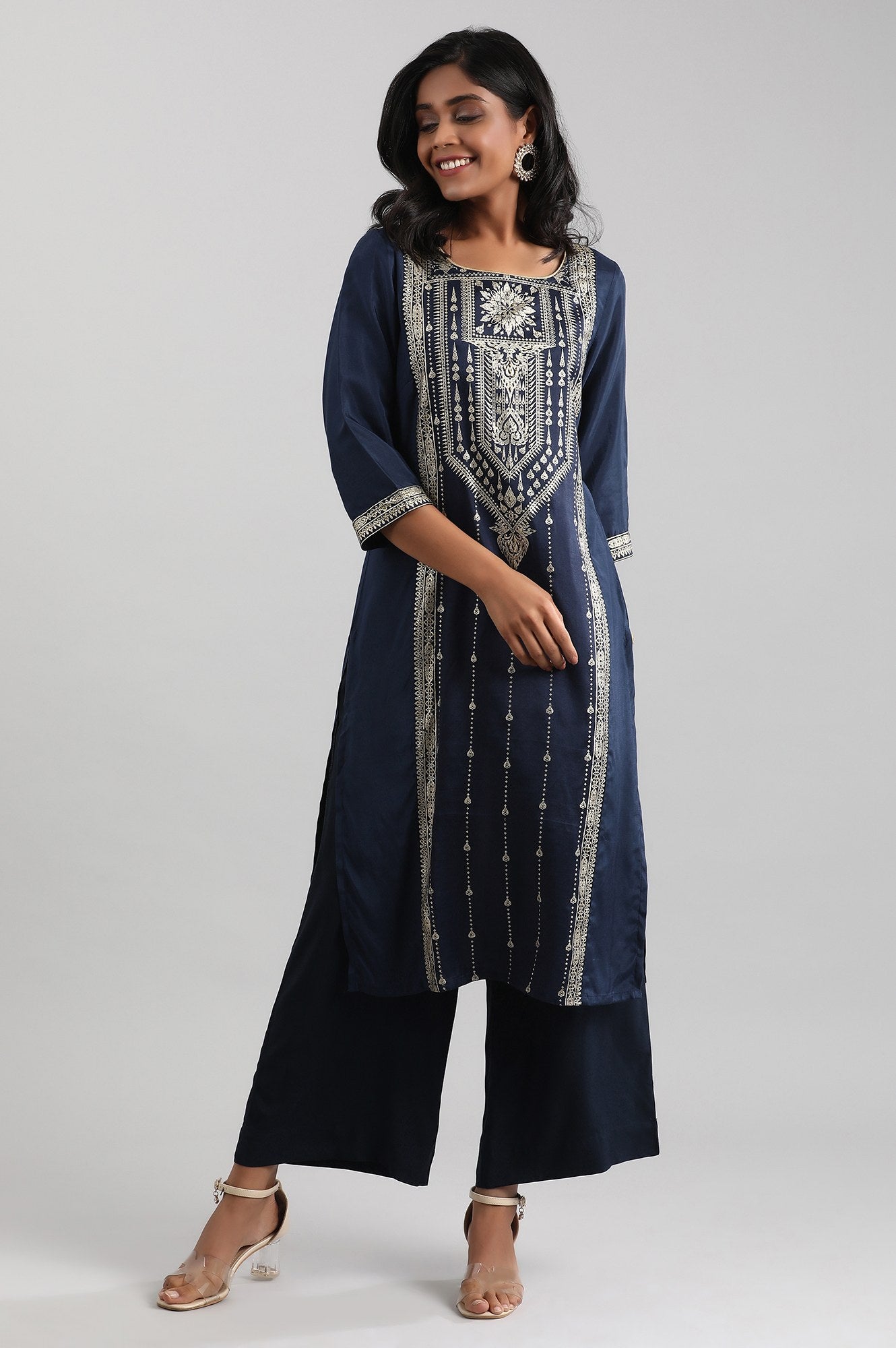 Blue Round Neck Printed Liva kurta