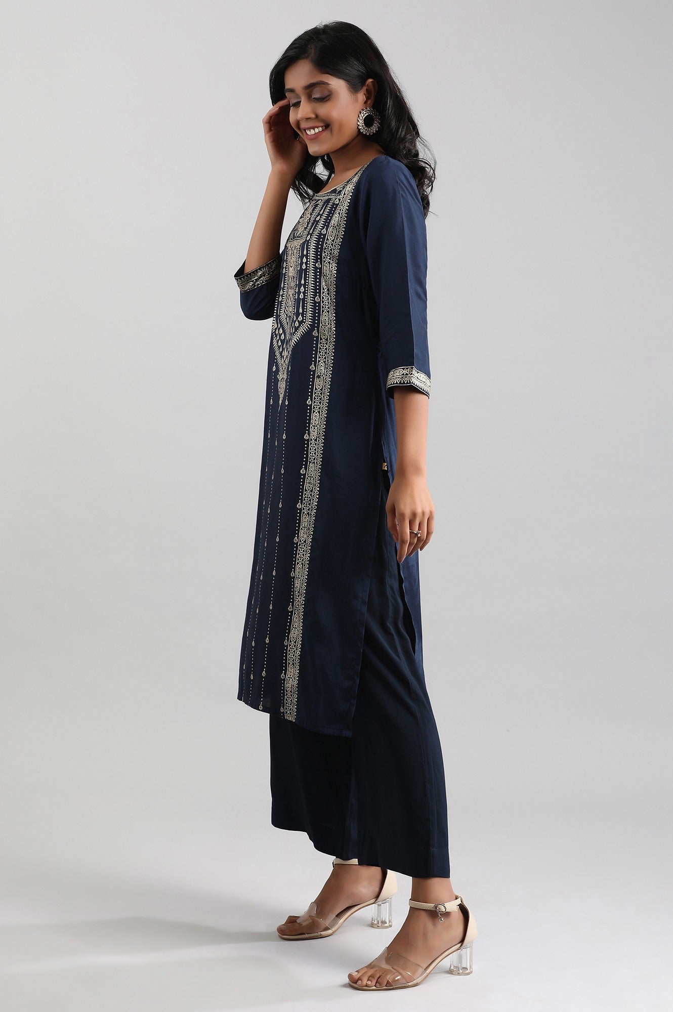 Blue Round Neck Printed Liva kurta