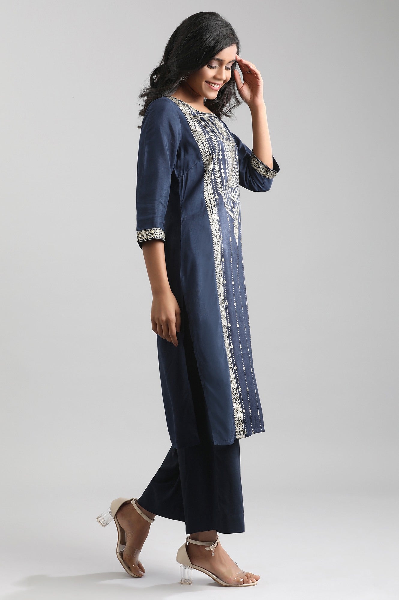 Blue Round Neck Printed Liva kurta