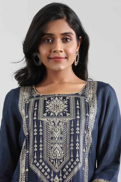 Blue Round Neck Printed Liva kurta