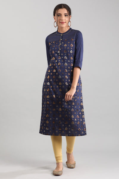 Blue Band Collar Printed kurta