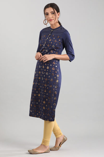 Blue Band Collar Printed kurta