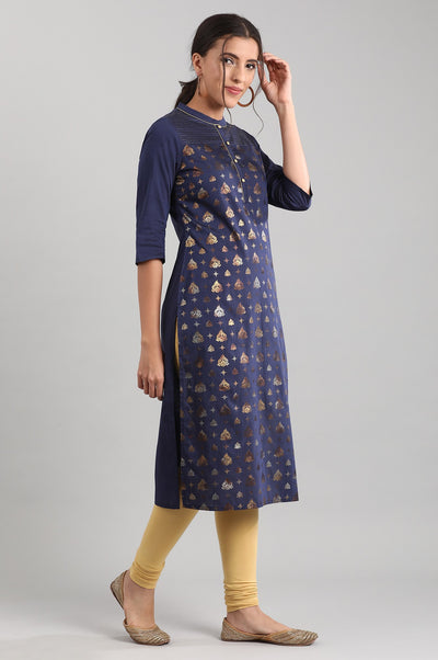 Blue Band Collar Printed kurta