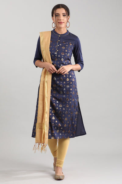 Blue Band Collar Printed kurta