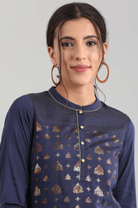 Blue Band Collar Printed kurta