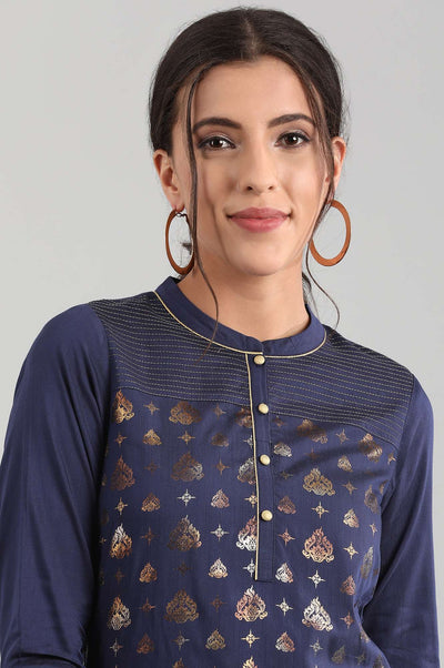 Blue Band Collar Printed kurta