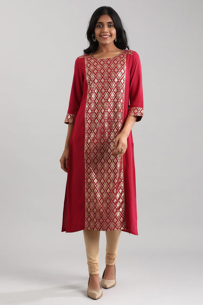 Red Round Neck Printed Liva kurta