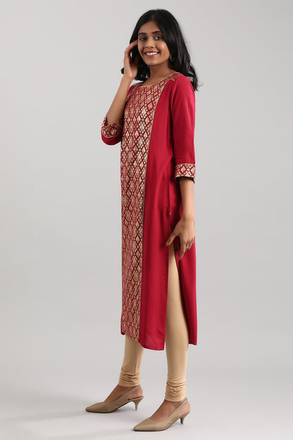 Red Round Neck Printed Liva kurta