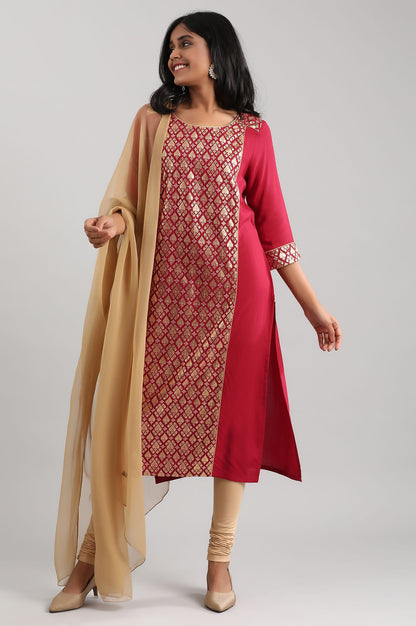 Red Round Neck Printed Liva kurta