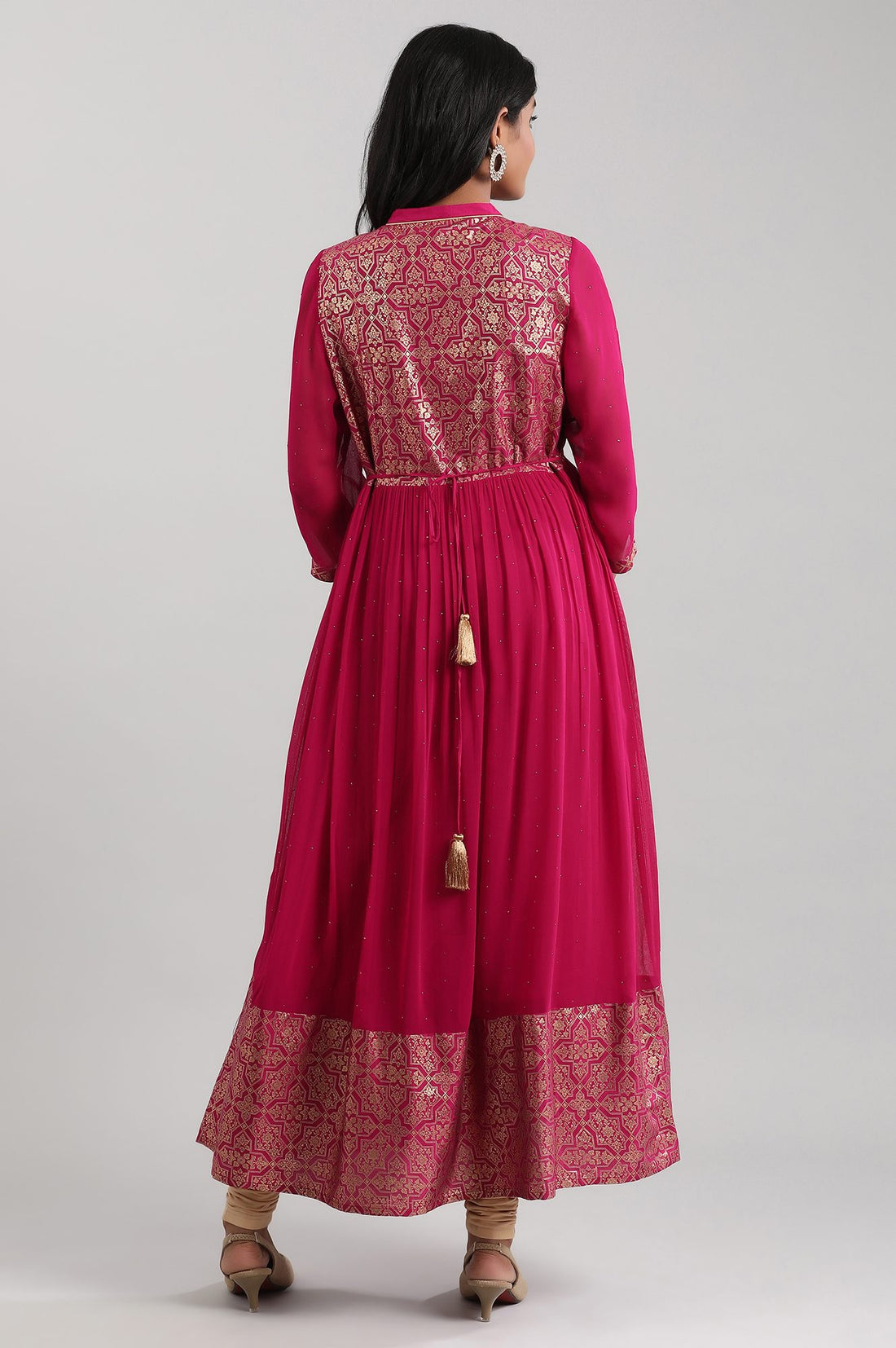 Pink Band Collar Printed Dress