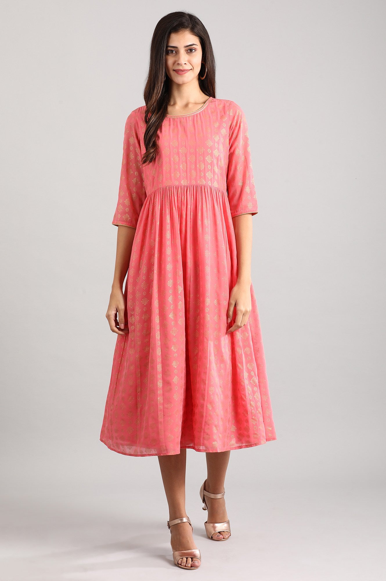 Pink Round Neck Printed Dress