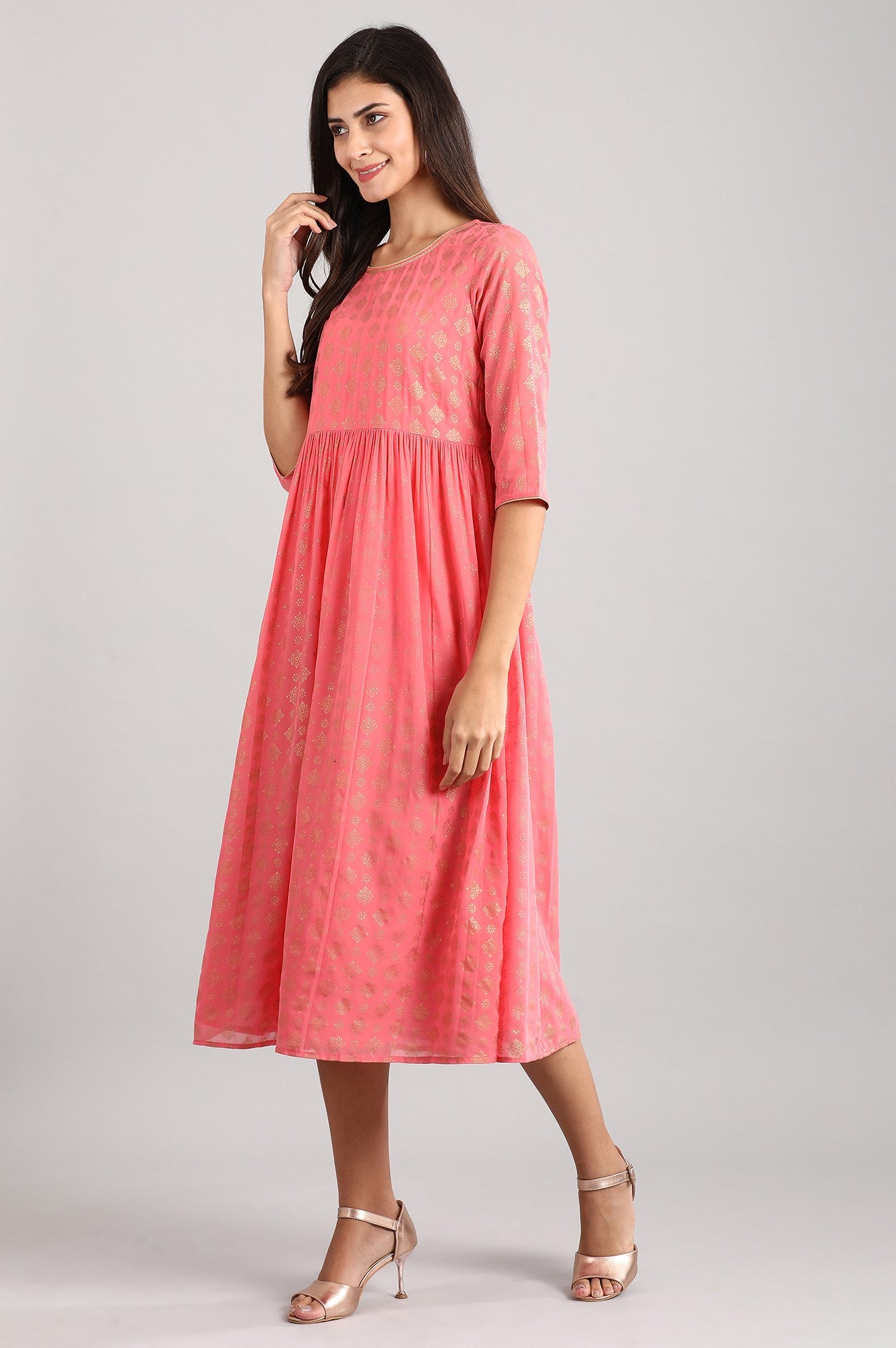 Pink Round Neck Printed Dress