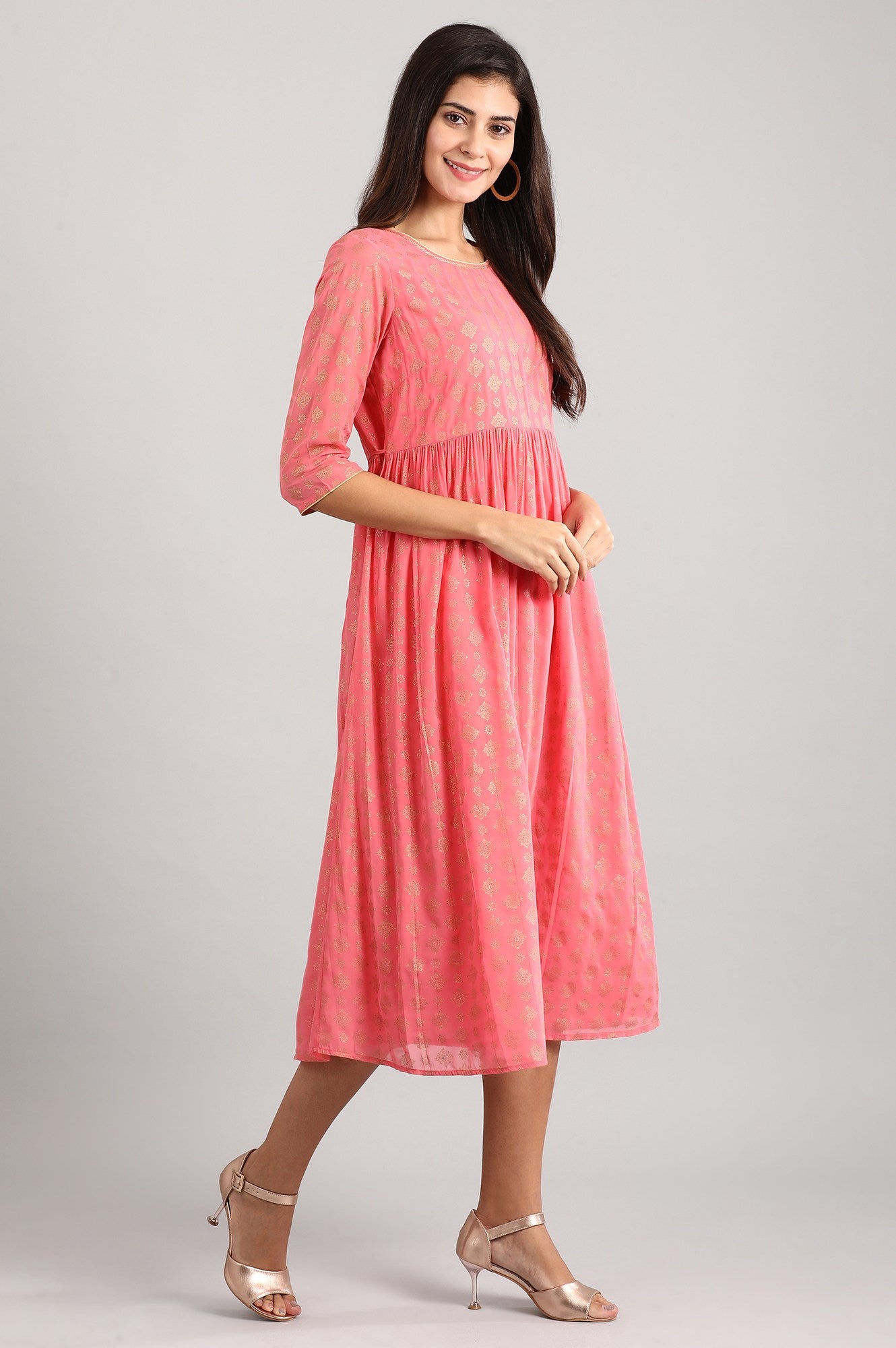 Pink Round Neck Printed Dress