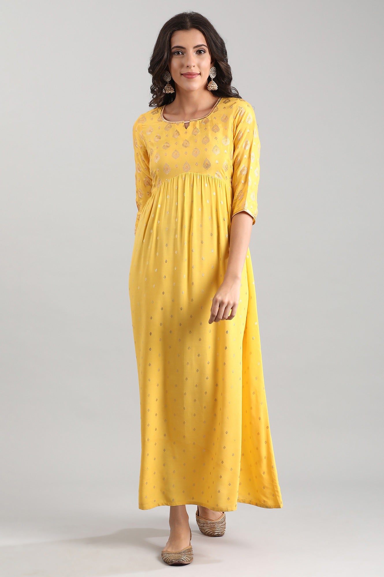 Yellow Round Neck Printed Liva Dress