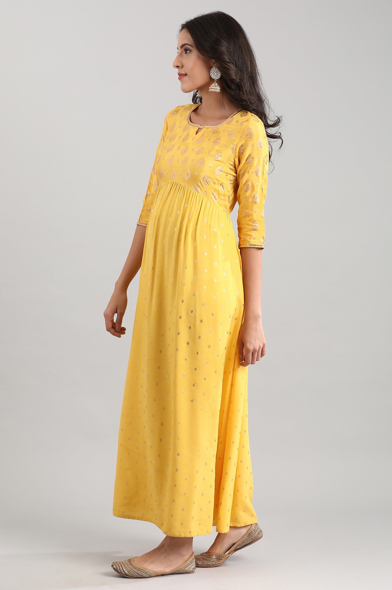 Yellow Round Neck Printed Liva Dress