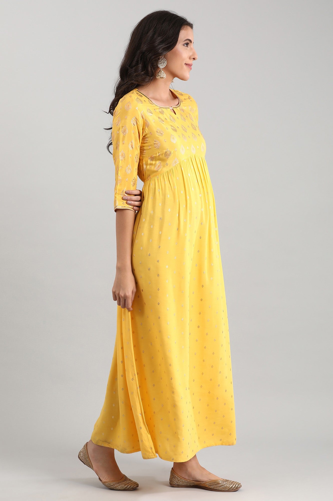 Yellow Round Neck Printed Liva Dress