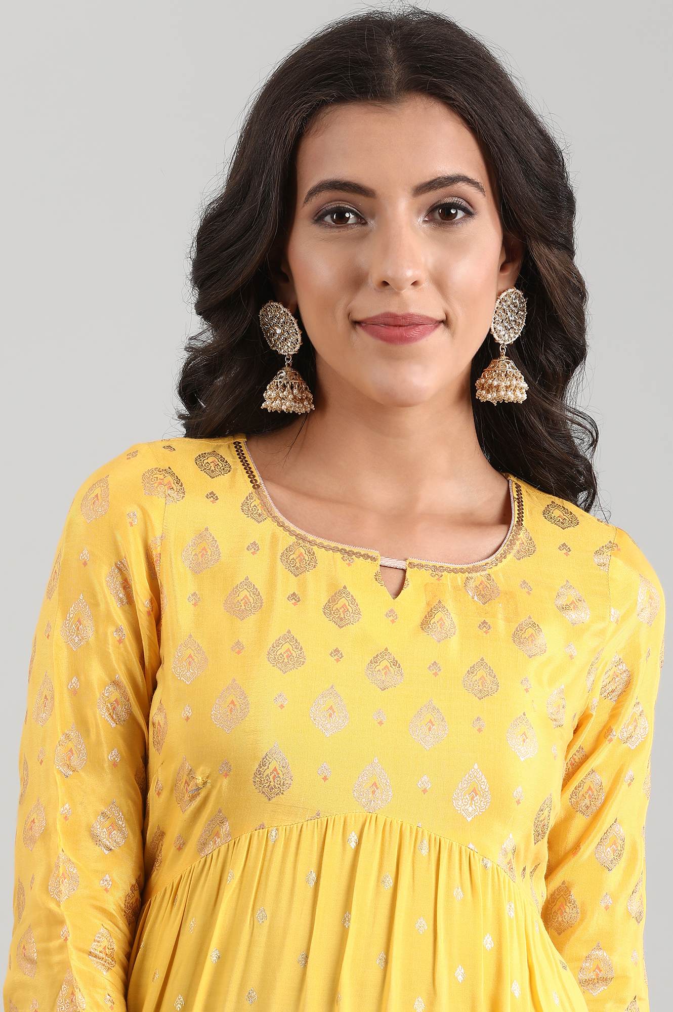 Yellow Round Neck Printed Liva Dress