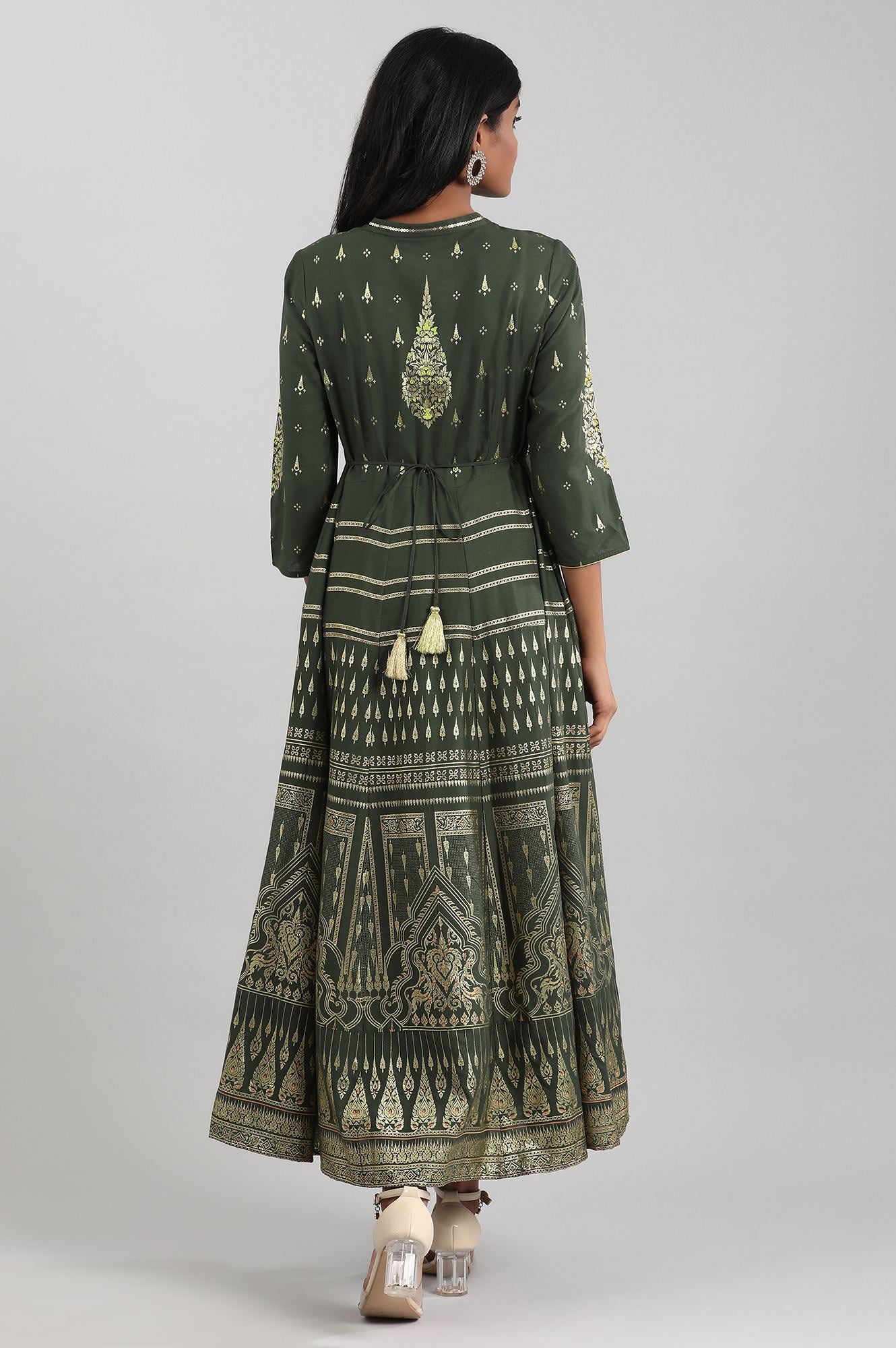 Green Band Collar Printed Dress