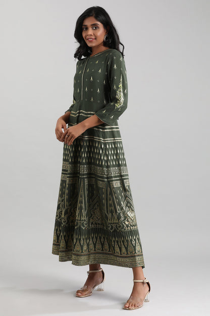 Green Band Collar Printed Dress