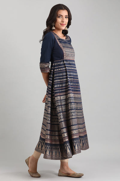 Disha's Blue Round Neck Printed Dress