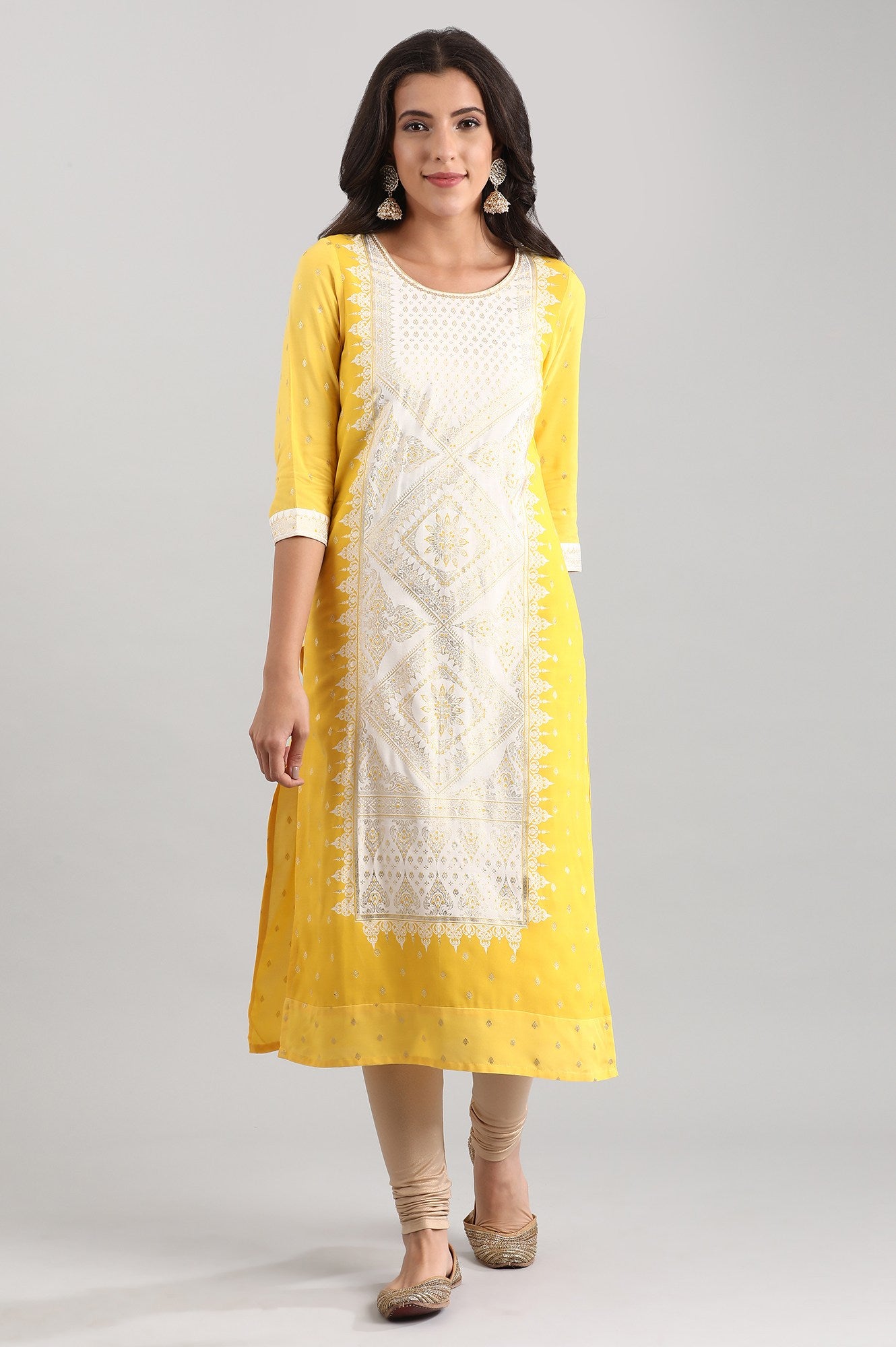 Yellow Round Neck Printed Liva kurta