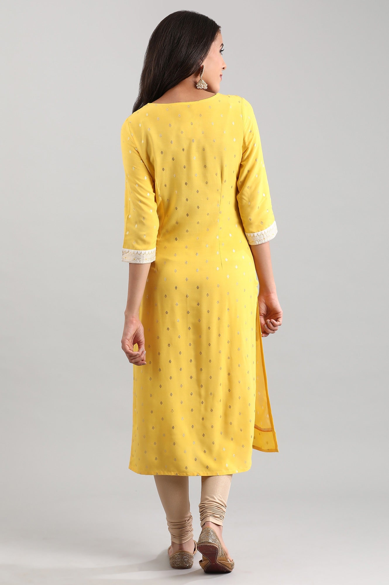 Yellow Round Neck Printed Liva kurta