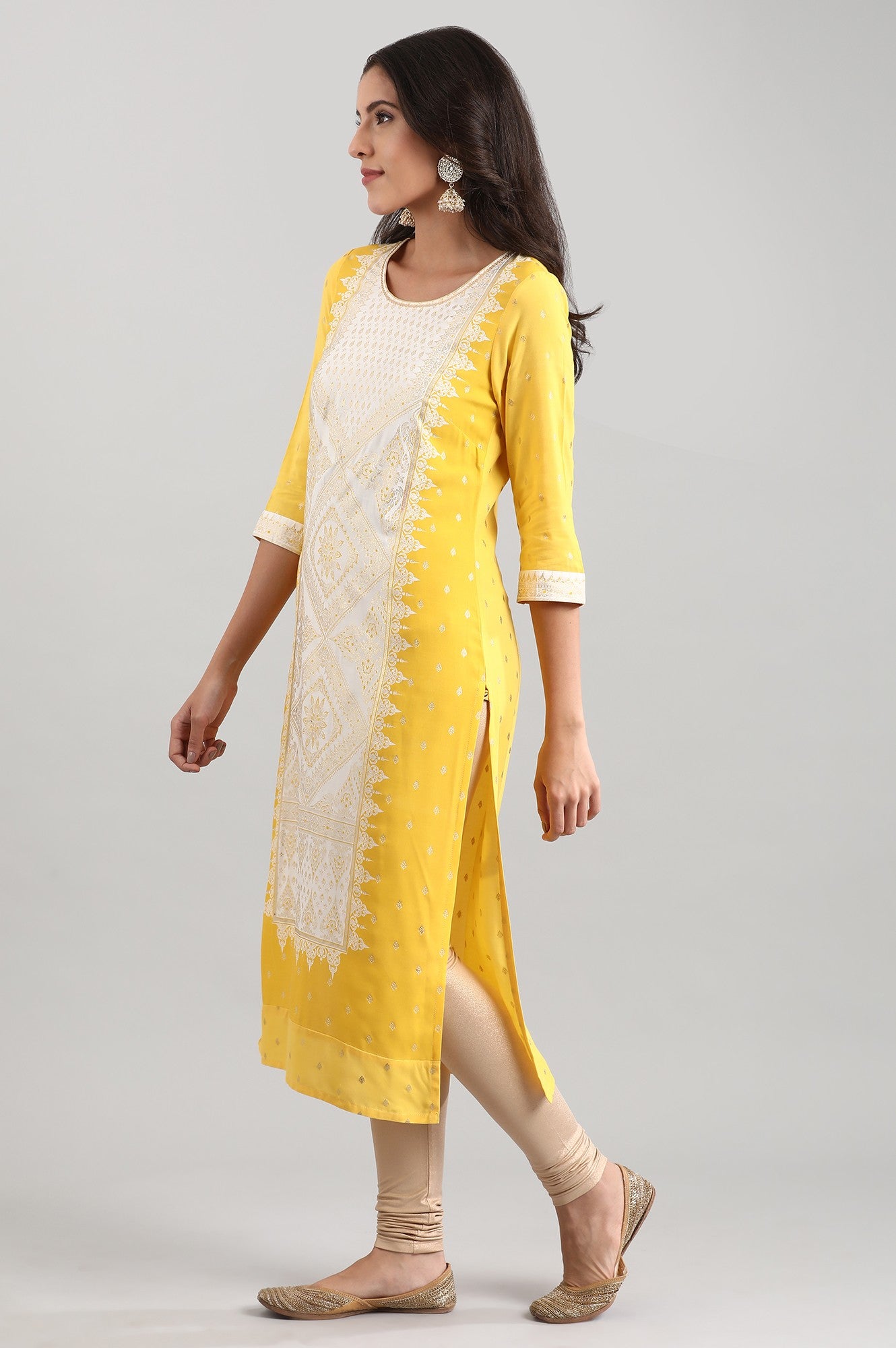 Yellow Round Neck Printed Liva kurta