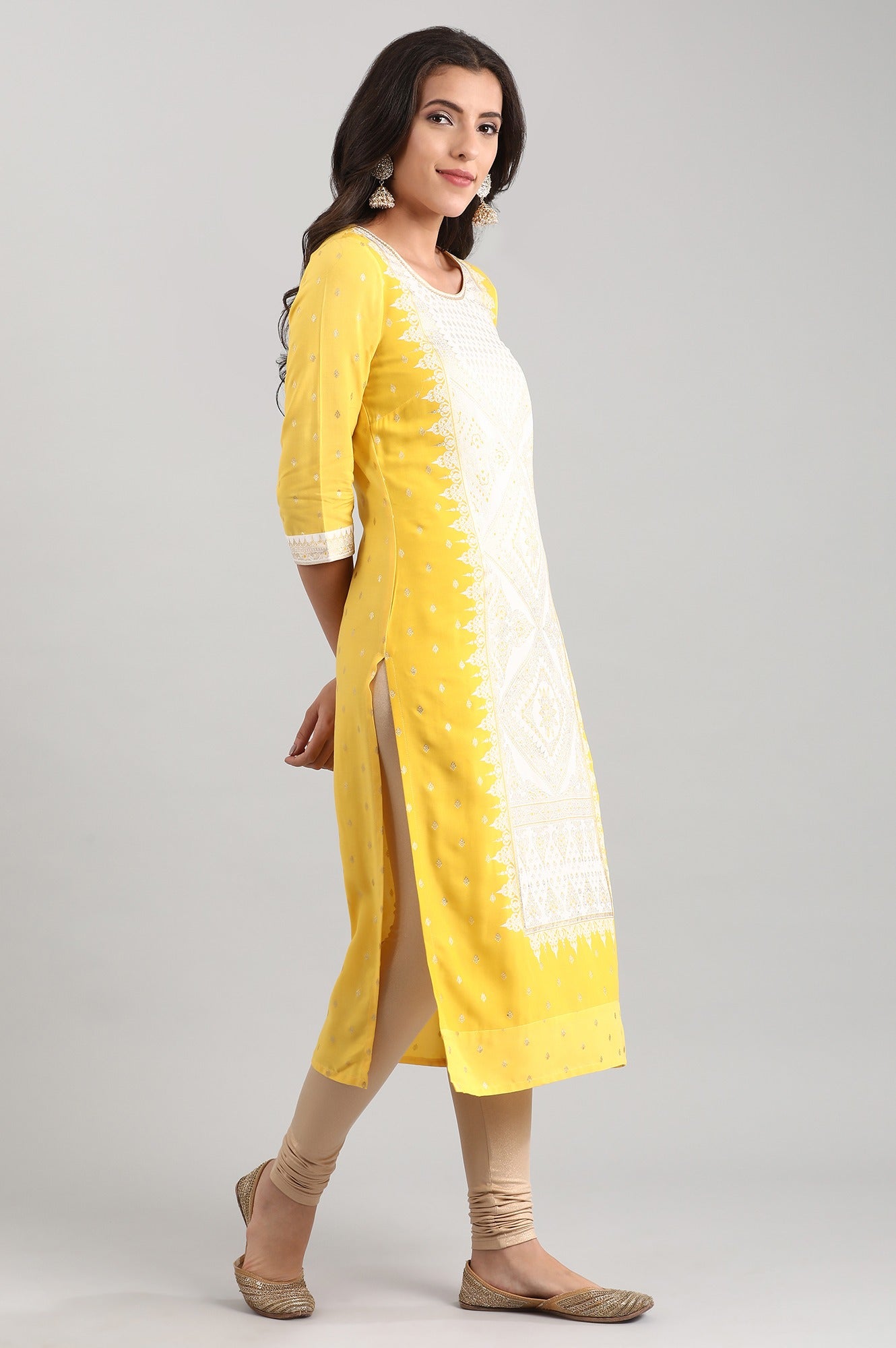 Yellow Round Neck Printed Liva kurta