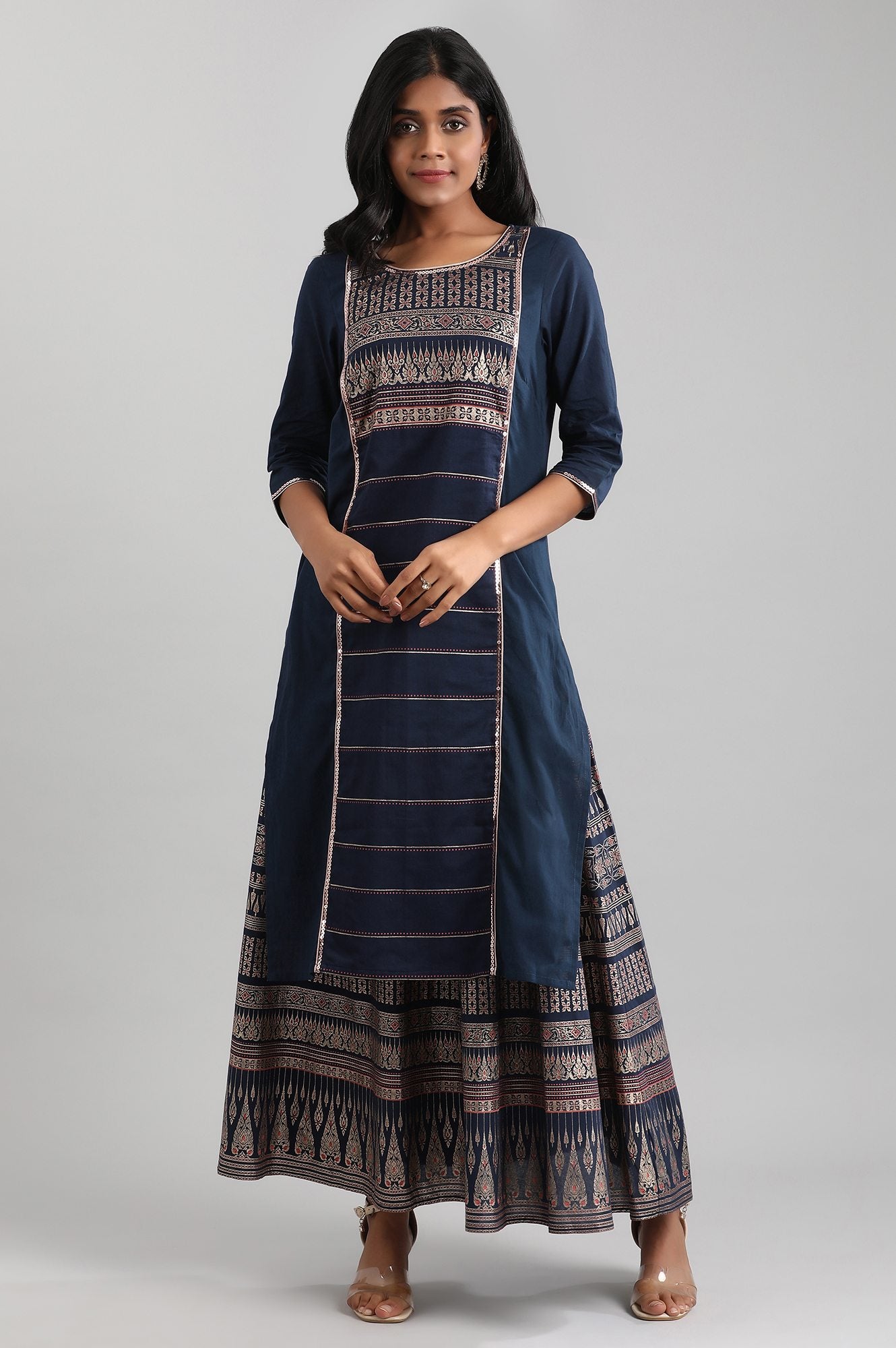 Navy Blue Round Neck Printed kurta