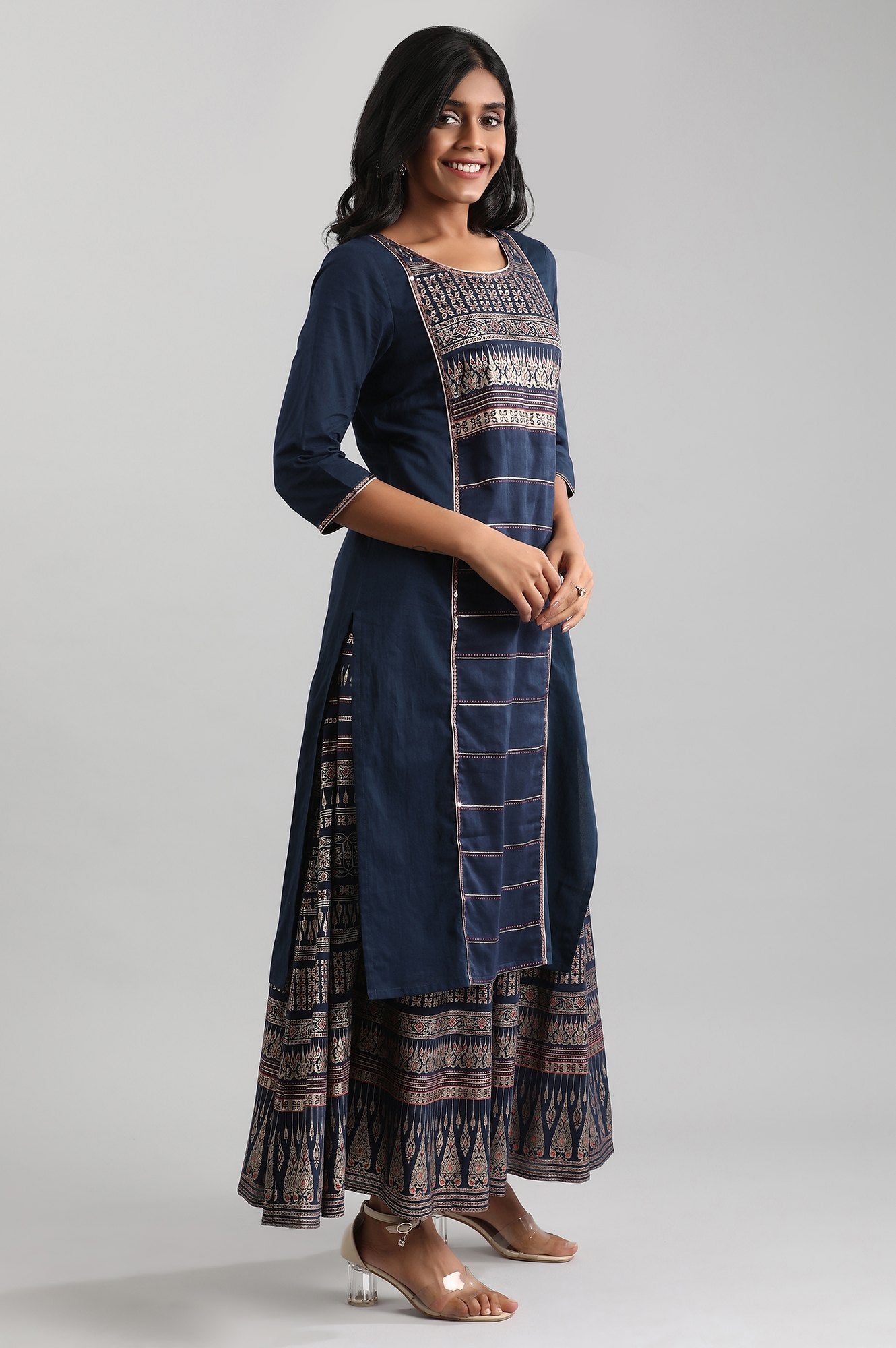 Navy Blue Round Neck Printed kurta