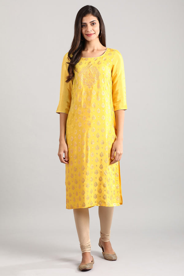 Yellow Round Neck Printed kurta