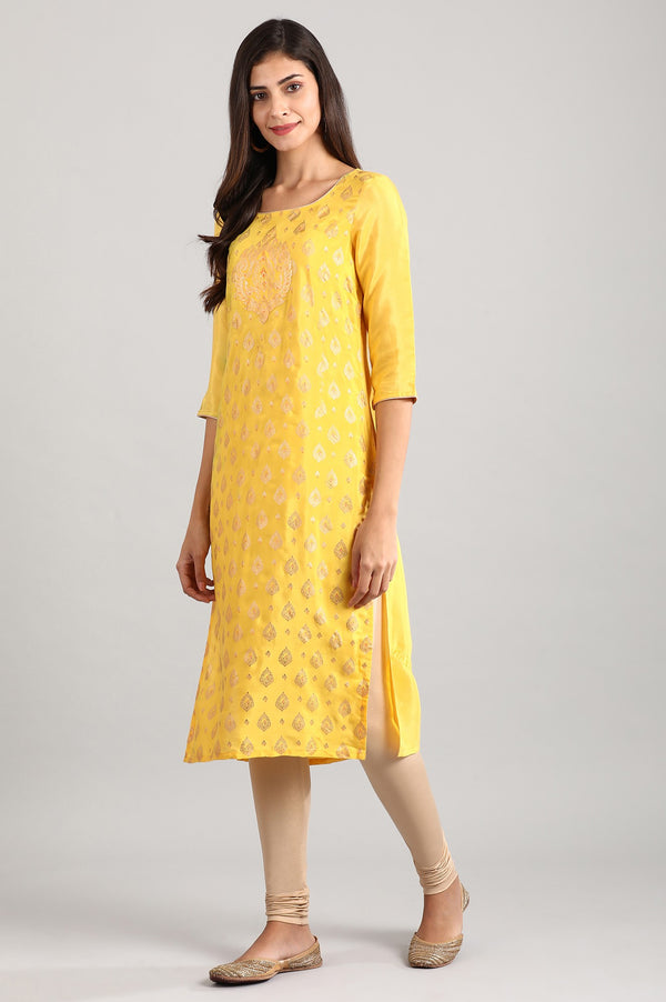 Yellow Round Neck Printed kurta