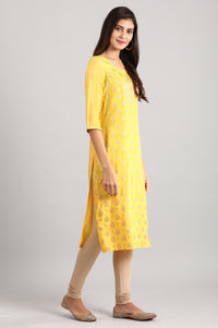 Yellow Round Neck Printed kurta