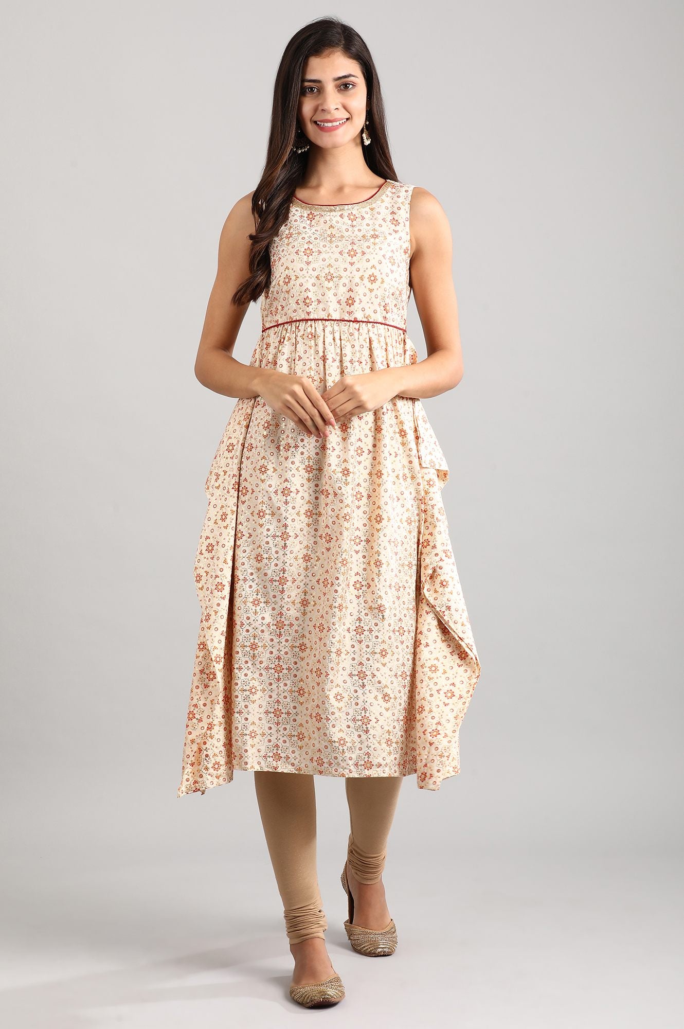 Cream Round Neck Printed Dress