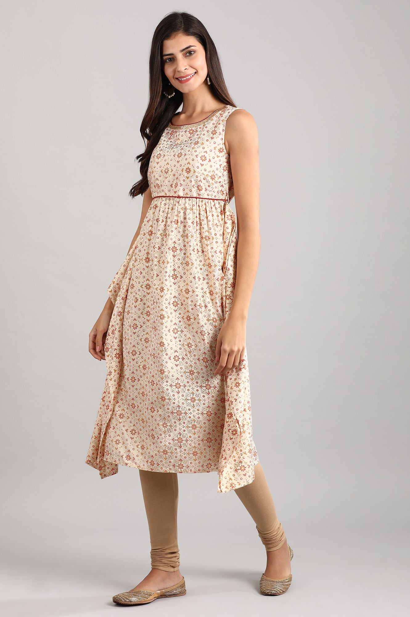 Cream Round Neck Printed Dress