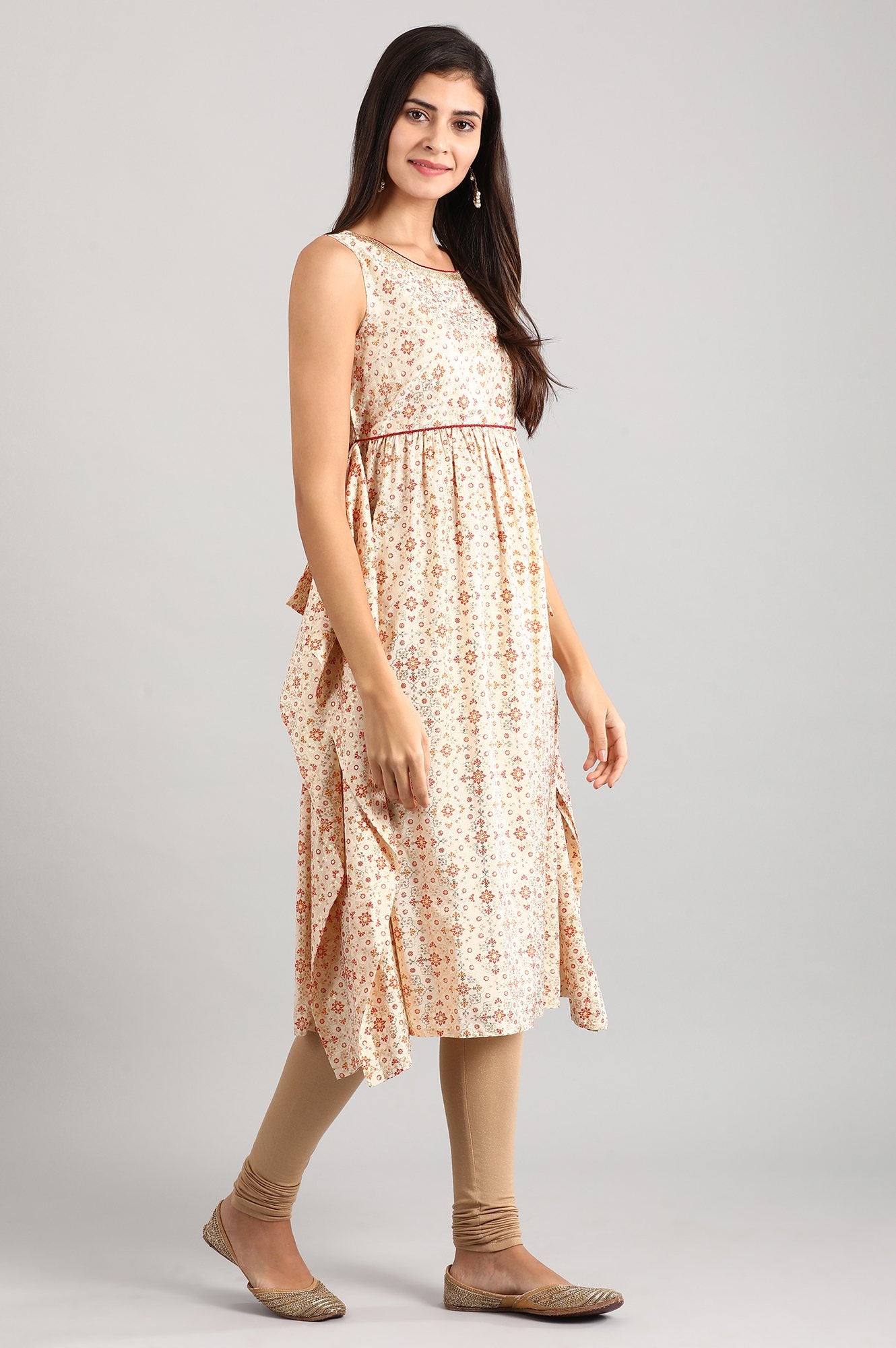 Cream Round Neck Printed Dress