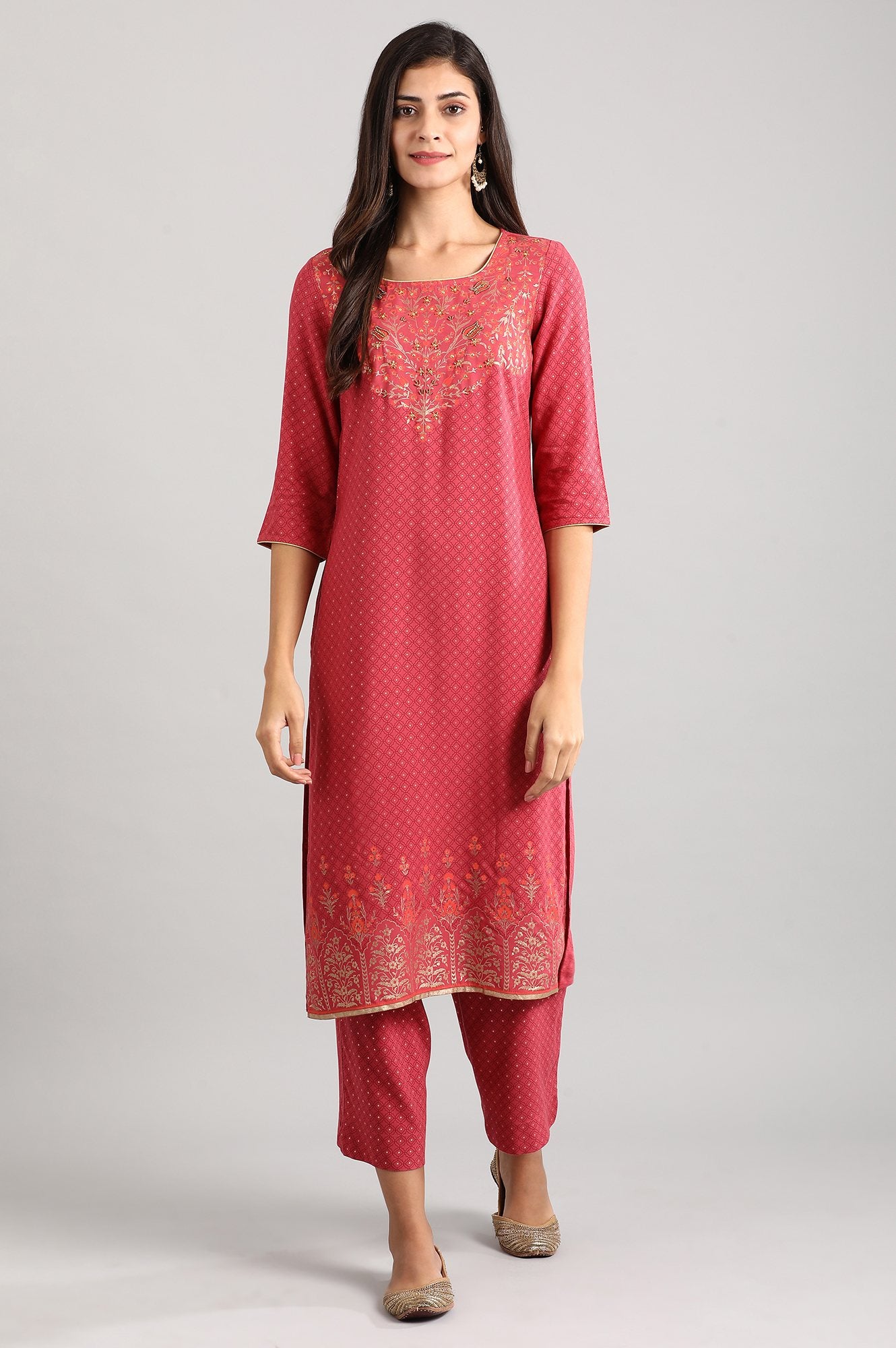 Pink Round Neck Printed Liva kurta