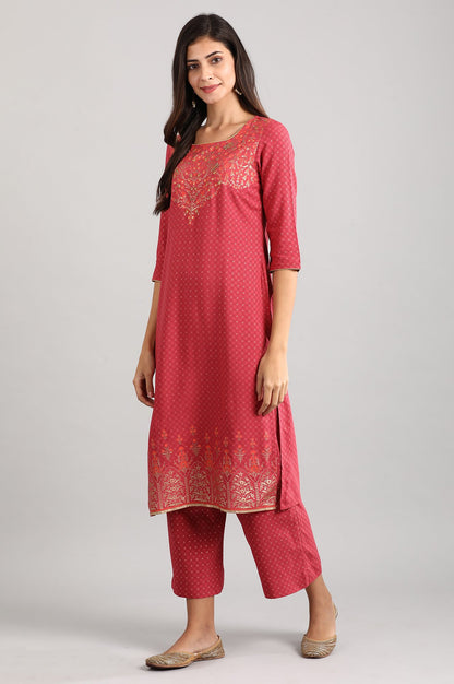 Pink Round Neck Printed Liva kurta