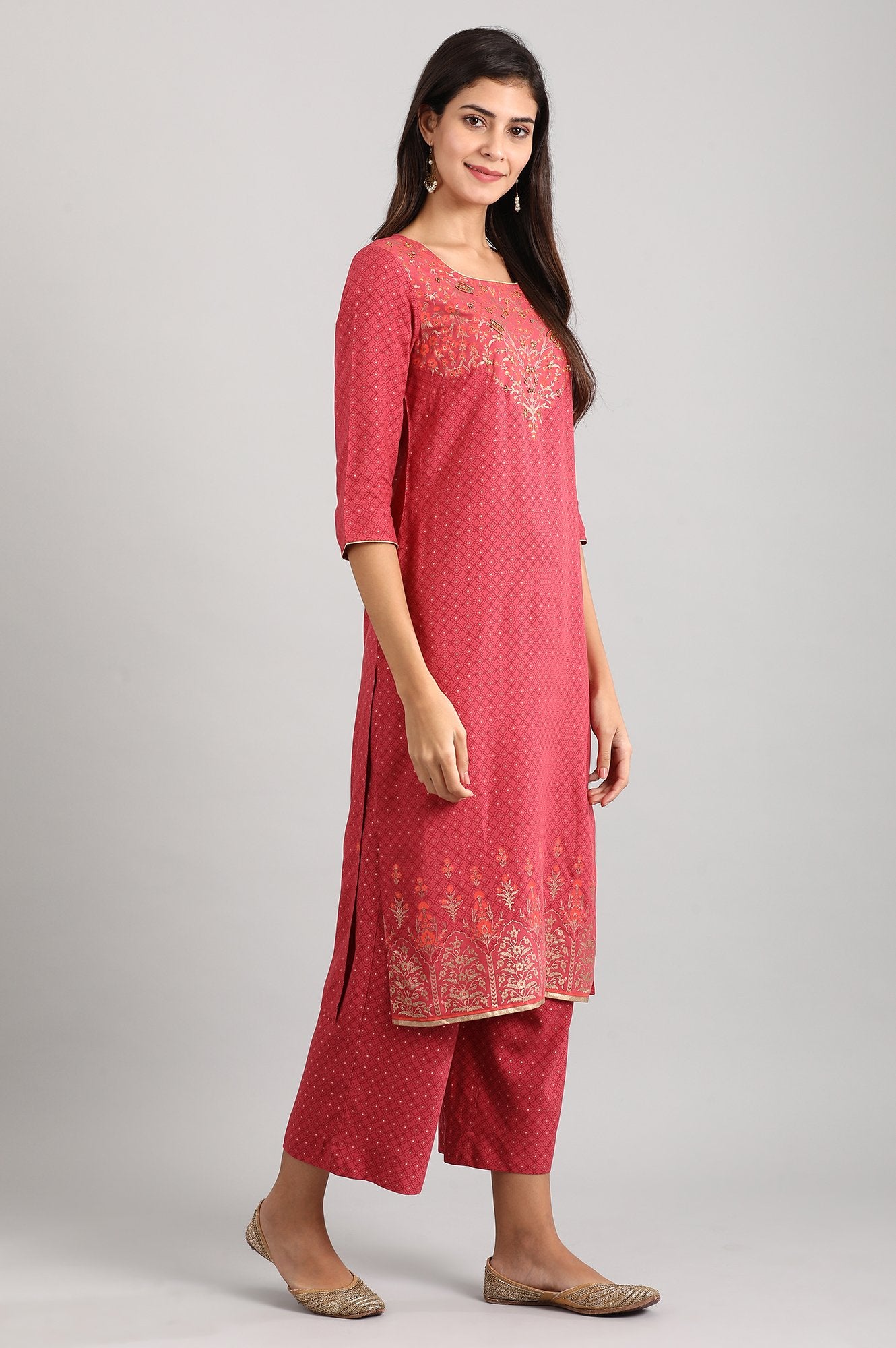 Pink Round Neck Printed Liva kurta